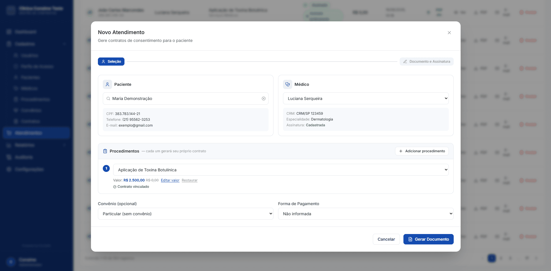 Modal de novo atendimento com seleção de paciente, médico e procedimento